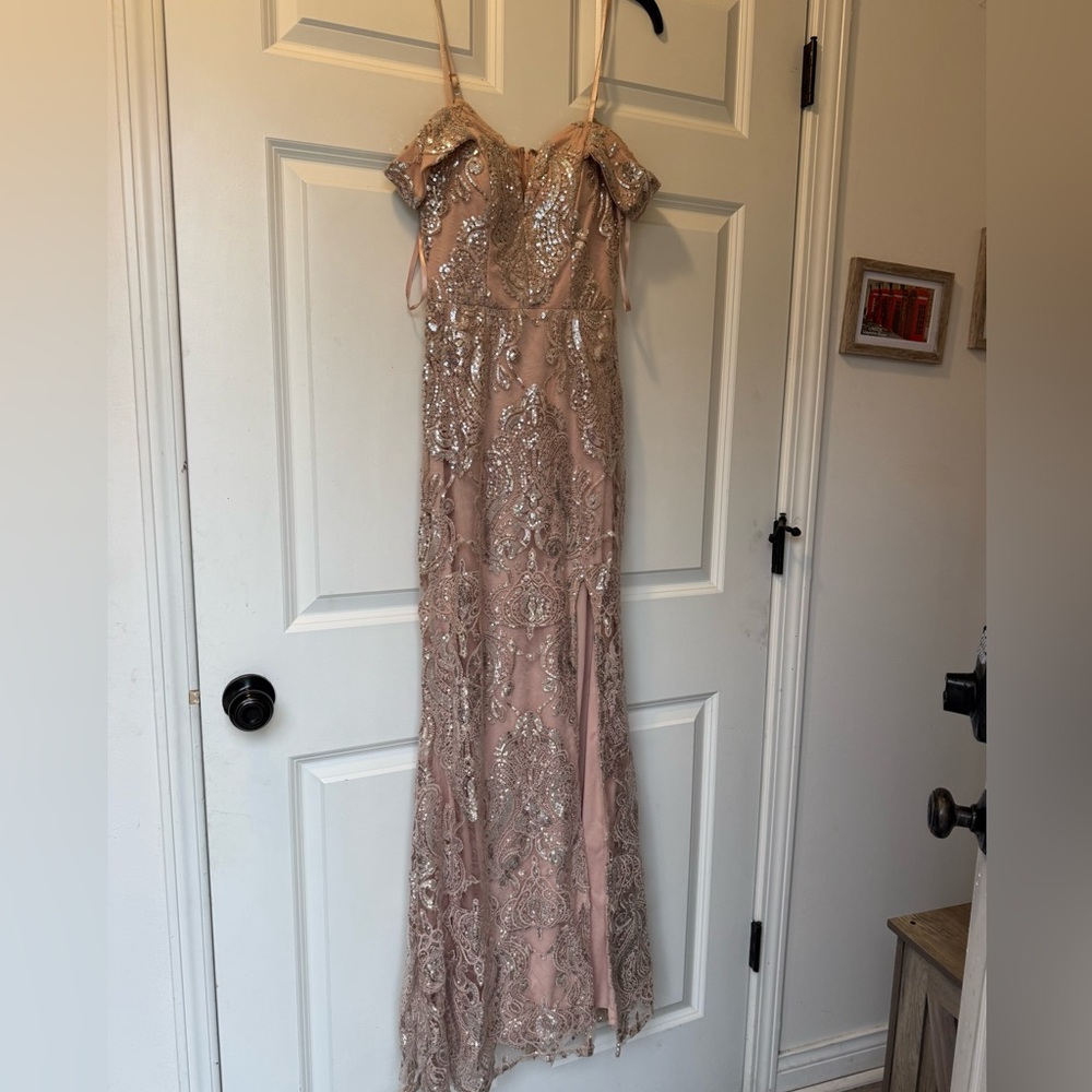 City Triangles Rose Pink Sequin Off-Shoulder Prom Gown